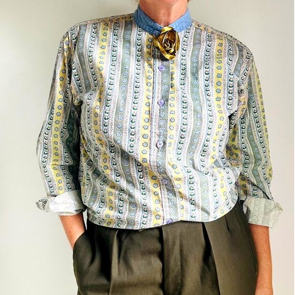 Vintage 80s Cottage Core Western Blouse Chambray Size Small Made USA Yellow Blue - Picture 6 of 10